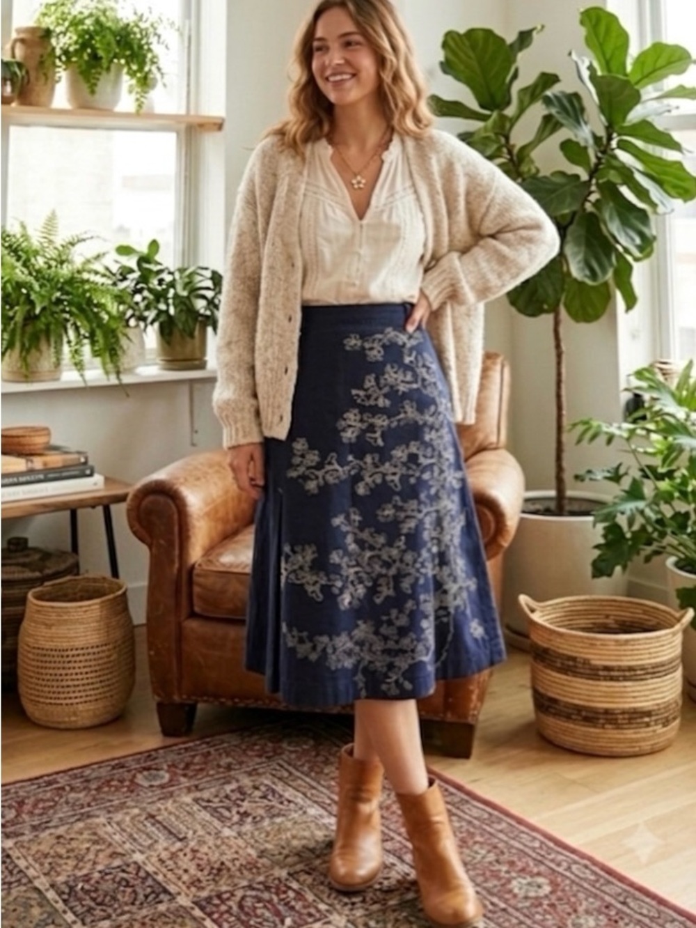 Oilily Scandi Boho Navy Canvas Cotton Midi Skirt Embroidered Floral 38 L